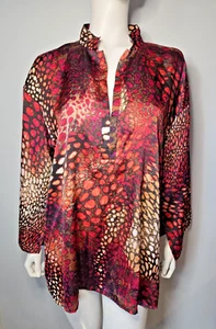 Natori Size XL Satin Abstract Animal Print Tunic Blouse 3/4 Sleeves V-Neck Top - Picture 1 of 10