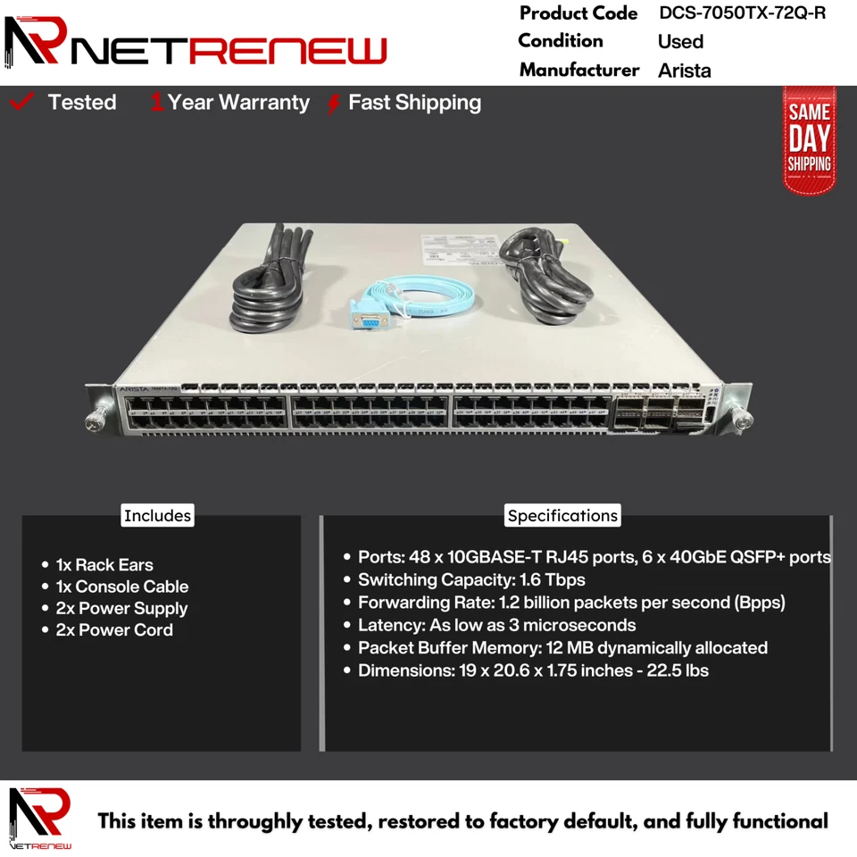 Arista DCS-7050TX-72Q-R 48x 10GB 6x 40Gbe QSFP+ Switch - Image 1 of 1