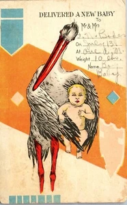 Vintage Postcard Delivered A New Baby 1916 ~ Stork Holding Baby Creepy Baby - Picture 1 of 3