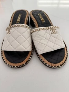 Chanel Interlocking CC Logo Slides Sandals Shoes White Leather Gold Chain - Picture 1 of 9