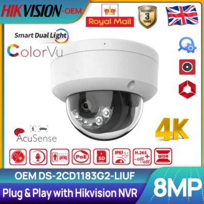 Hikvision 8MP Acusense ColorVu IR OEM DS-2CD1183G2-LIUF Dome IP Camera POE Mic - Image 1 of 4