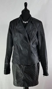 Womens Ladies Black Motorcycle Jacket Buckled Collar Matching Skirt Large - Bild 1 von 5