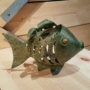 Metal Fish Candle Holder Tea Lite Sculpture Green Rustic Figurine - Swanky Barn - Picture 1 of 12