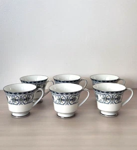 Set of 6 NORITAKE Burlington Footed Teacup Only Blue Feather Scroll Silver 2081 - Picture 1 of 17