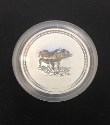 2007 Australian Lunar Chinese Zodiac .999 Silver Coin Year of the Pig 2 oz.  - Image 1 of 2
