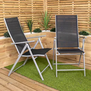2 x Multi Position High Back Reclining Garden Folding Chair in Black and Silver - Picture 1 of 9