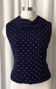 Top vintage años 50 azul marino y blanco lunares cremallera sin mangas talla 10 - Imagen 1 de 8