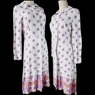 Vintage Vtg Late 1960s White Linen Duster Hippie Floral Boho Print  Midi Coat  M - Image 1 of 4