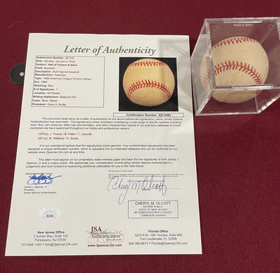 HOF Bob Feller, Jim Thome, Tommy Lasorda  +2 more Autographed Baseball - JSA  - Image 1 of 4