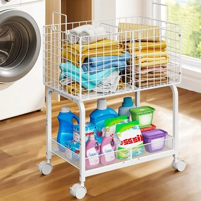 2-Tier Metal Wire Laundry Basket Cart,White Laundry Cart with Dividers and Ha... - Image 1 of 4