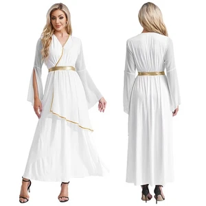 Women Toga Tunic Dress Chiffon Costume Princess Robes Gold Trim Cosplay Queen - Picture 1 of 69