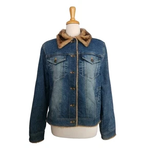 Vintage Marvin Richards Faux Fur Denim Jean Jacket Women’s Size L Y2K - Picture 1 of 11