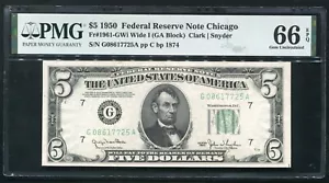 FR 1961-GWi 1950 $5 WIDE I FRN FEDERAL RESERVE NOTE CHICAGO,IL PMG GEM UNC-66EPQ - Picture 1 of 2