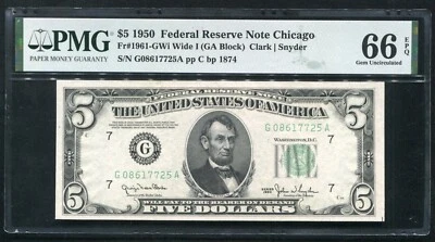 FR 1961-GWi 1950 $5 WIDE I FRN FEDERAL RESERVE NOTE CHICAGO,IL PMG GEM UNC-66EPQ - Image 1 of 2