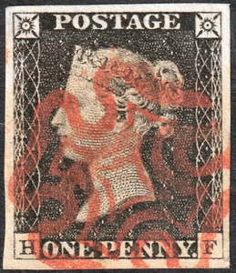 1840 AS20 SG2 1d SCHWARZE PLATTE 3 SUPER GEBRAUCHT 4 GROSSE RÄNDER NR VOLL ROT X (HF) - Bild 1 von 2