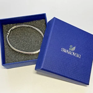 Signed Swarovski Crystal Hinged Rhodium Plated Bangle Bracelet Swan Logo - Picture 1 of 5