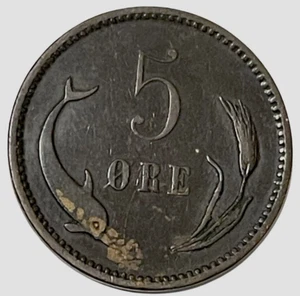 1891 (h) Denmark 5 Ore Copenhagen Heart Mint Mark World Coin KM 794.1 Lot A5-506 - Picture 1 of 6