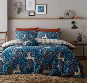CHRISTMAS WINTER STAGS REVERSIBLE PRINT DUVET SET BLUE. SINGLE,DOUBLE,KING,THROW - Picture 1 of 6
