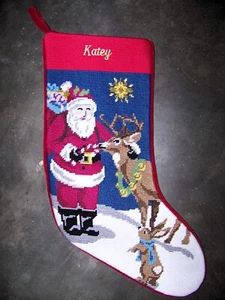 LANDS END Weihnachtsmann und Rentier Nadelspitze Weihnachtsstrumpf monogrammiert Katey - Bild 1 von 3