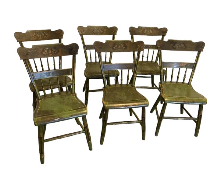 six green lancaster county plank seat paint decorated chairs  - Image 1 of 4