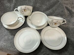 Vintage Kent China Silver Pine Set of 4 Tea Cup and Saucers Pincone Grey Needles