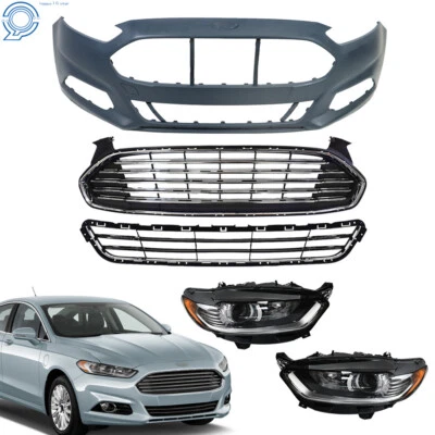 Fit For 13-16 Ford Fusion Halogen Headlights+Front Grille+Front Bumper Cover Kit Foto 1 de 4