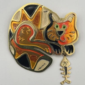 Vintage ZWEI HÄNDE Marke CALICO KATZE zusammengerollt mit Fischgräten Brosche Anstecknadel skurril - Bild 1 von 7