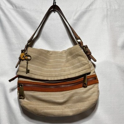 Bolso de Hombro FOSSIL EXPLORER Plegable Bronceado y Naranja Hobo Lona Cartera Cuero Foto 1 de 4