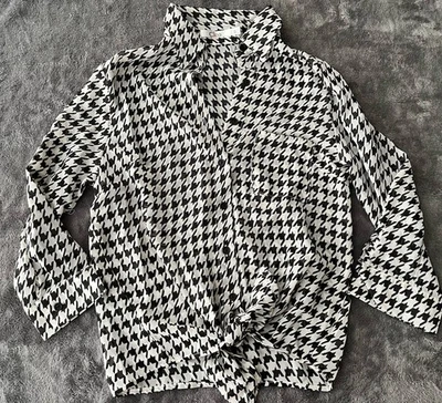 Cleo Women’s Houndstooth Button Up Blouse Size S Long Sleeve Black White - Image 1 of 4