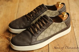 Gucci GG Monogram Ace Brown Leather Shoes Trainers Sneakers Mens UK 10 G US 11 - Picture 1 of 9