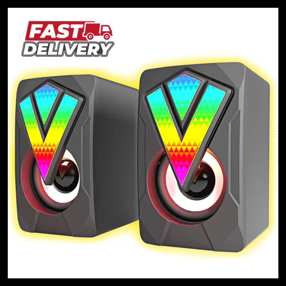 2PCS Computer Speakers PC Sound Box HIFI Stereo Microphone USB Wired LED Light - Image 1 of 4