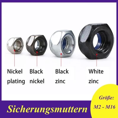 M2 - M16 Vernickelt/Weiß/Schwarzes Zink Selbstsichernde Muttern Sicherungsmutter - Bild 1 von 4