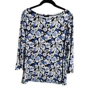 Ann Taylor Factory Top Size L Stretch Floral Blue White 3/4 Sleeve Boat Neck - Picture 1 of 6
