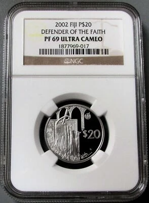 2002 PLATINUM FIJI $20 DEFENDER OF FAITH NGC PROOF 69 ULTRA CAMEO 1,000 MINTED - Image 1 of 3