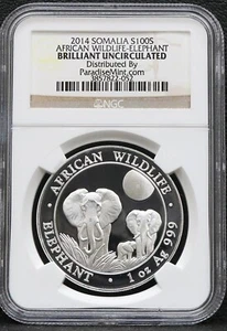 2014 Somalia 100S African Wildlife Elephant NGC BU 1 oz .999 Silver Free Shipp - Picture 1 of 4