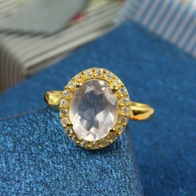 Natural Rose Quartz Ring Halo Dainty Stacking 18k Gold Plated Silver Delicate  - Image 1 of 4