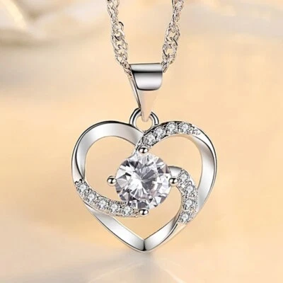 Damen Halskette 925 Sterling Silber Herz Anhänger Zirkon Schmuck Frauen Geschenk - Bild 1 von 4