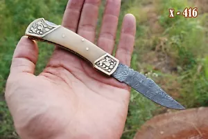 Handmade Folding Knife DAMASCUS Blade Pocket Hunting Survival Outdoor Camping - Picture 1 of 6