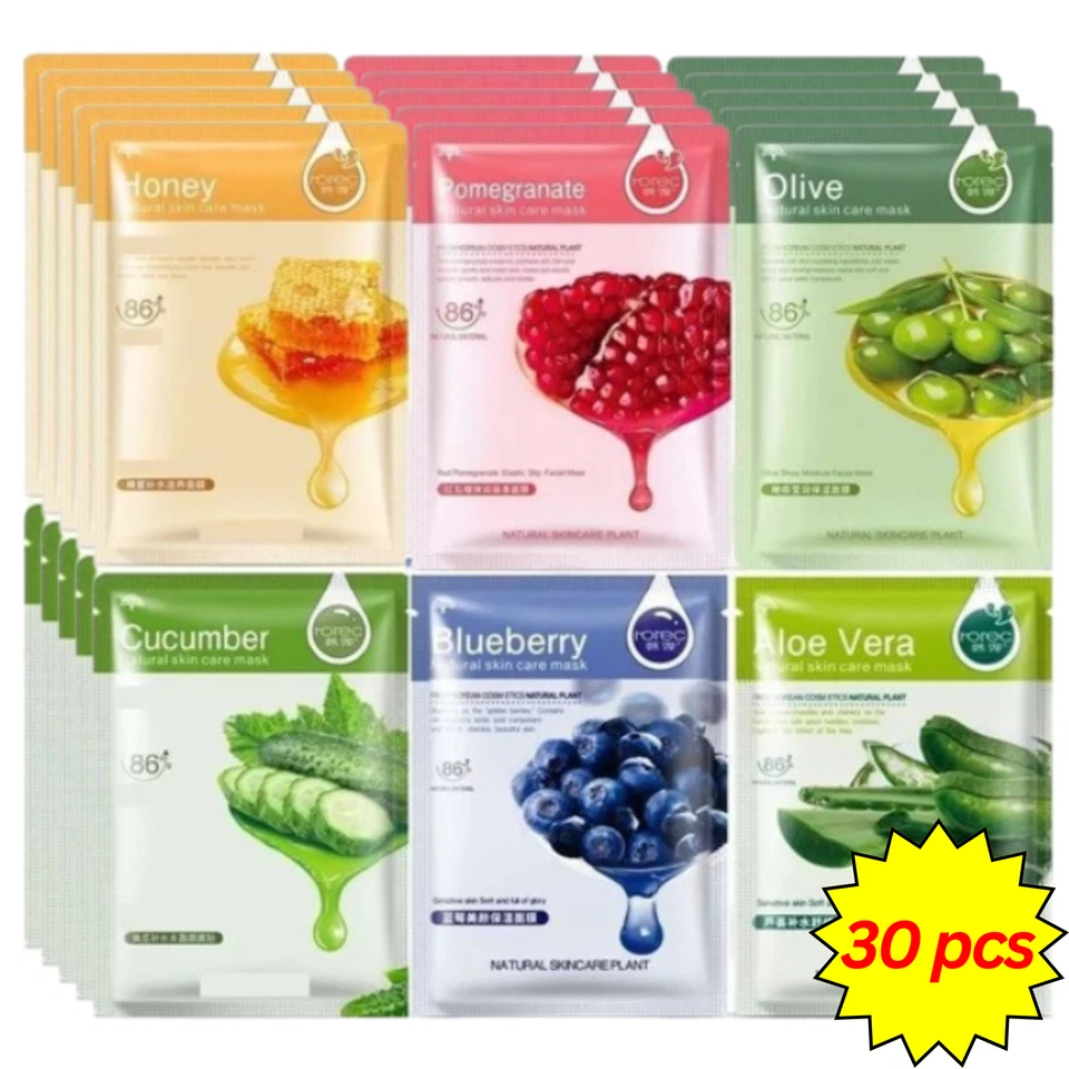 30PCS NATURAL MOISTURISING HYDRATING FACE MASK SHEET FACIAL MASK PACK - Image 1 of 4
