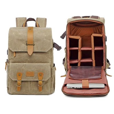Vintage Canvas DSLR Camera Backpack Bag Case 15.6'' Laptop For Canon Nikon Sony - Image 1 of 4