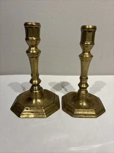 2 Early 18th Century French Brass Candlesticks Faceted Cups Octagon Base - Picture 1 of 15