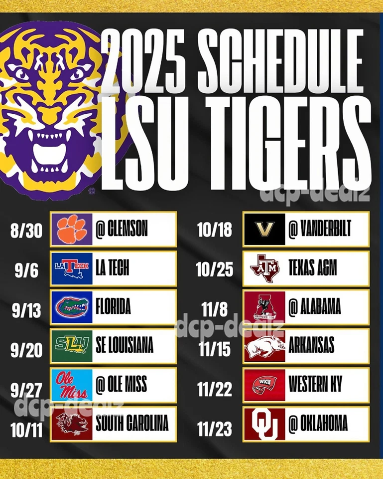 LSU Tigers Football 2025 Schedule GLOSSY DECAL 8" x 10" - Image 1 of 1