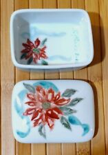 Vtg Hand Painted Porcelain Floral Lid Trinket Box Jewelry Red Blue Signed 2x3"