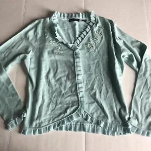 Valerie Stevens Cardigan Pullover blau Blumen Perlen Rüschenbesatz Gr. L A1075 - Bild 1 von 4