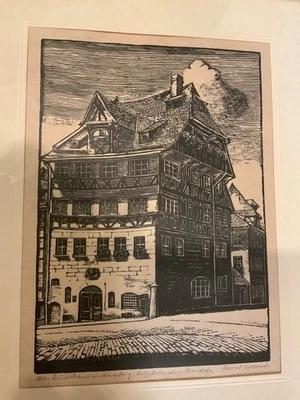 Alter Holzschnitt von Konrad Volkert (1906-1999): Albrecht Dürer Haus Nürnberg - Bild 1 von 4