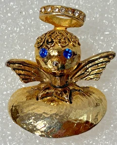 Vintage TORTOLANI signierte goldfarbene blaue Augen Engel auf meiner Schulter Brosche Anstecknadel - Bild 1 von 3