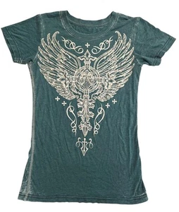 T-shirt donna Affliction APPLEBY ROAD cross biker ali acqua ciano XS - Foto 1 di 7