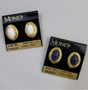 Vintage Monet Gold Tone Cabochon Pierced Earrings - Bild 1 von 13