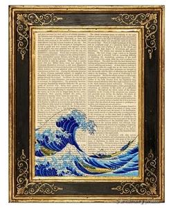 Great Wave Off Kanagawa Art Print on Vintage Book Page Hokusai Ukiyo E Woodblock - Picture 1 of 3