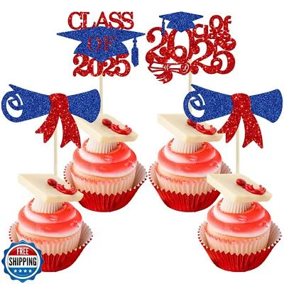 Gyufise 24Pcs 2025 Graduation Cupcake Toppers Glitter Diploma Grad Cap 2025 G - Image 1 of 4